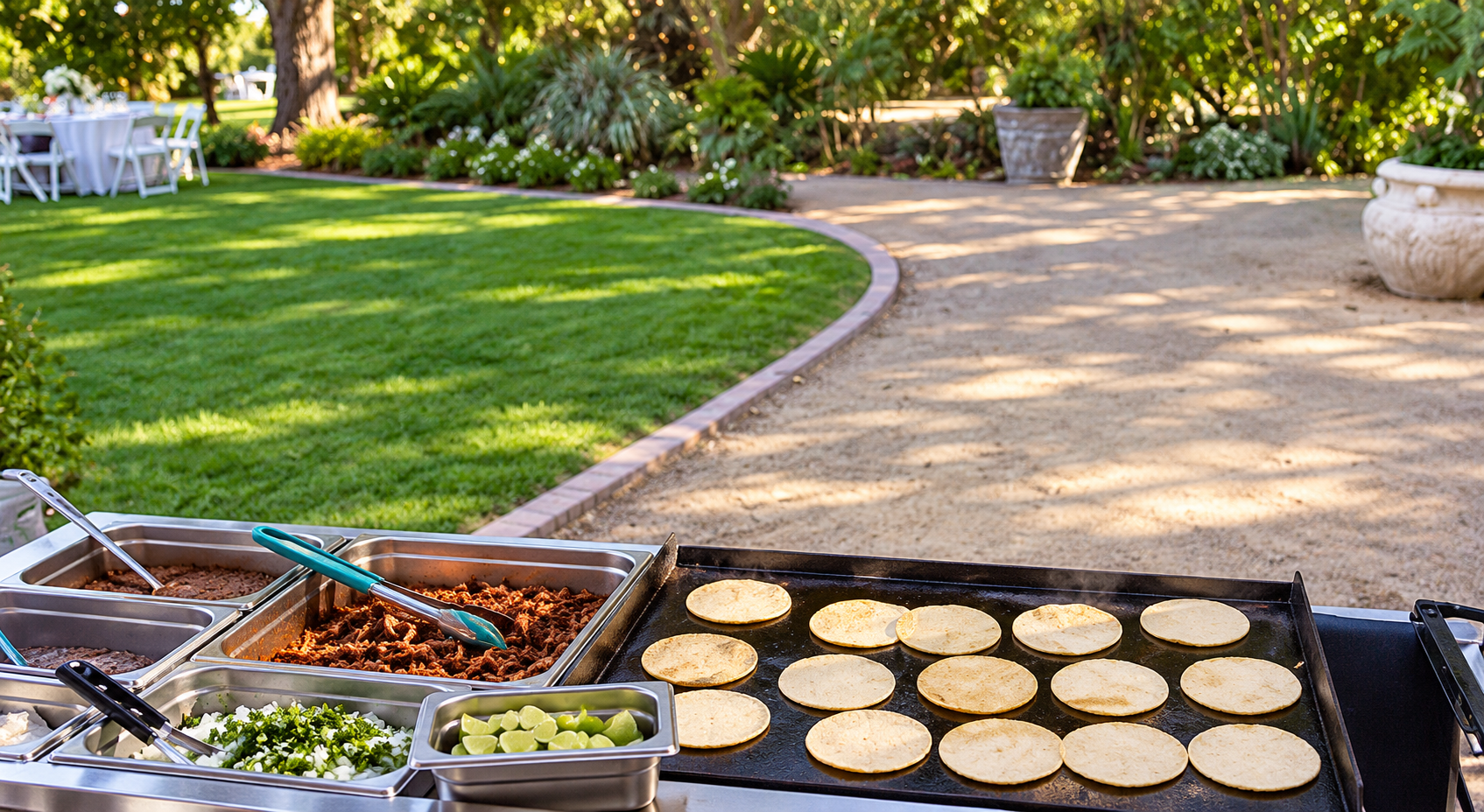 Clean outdoor taco catering station with tortillas and prepared meats
